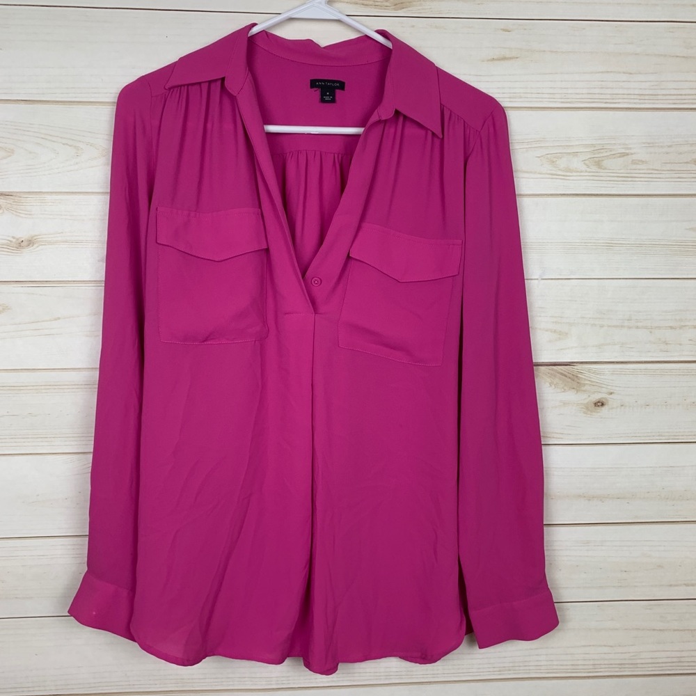 Ann Taylor Pink long sleeve v neck blouse